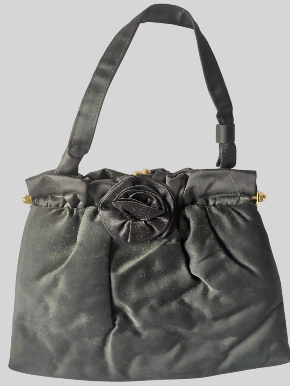 Vintage 1950s 1960s Black Sateen Rose Evening Bag Purse